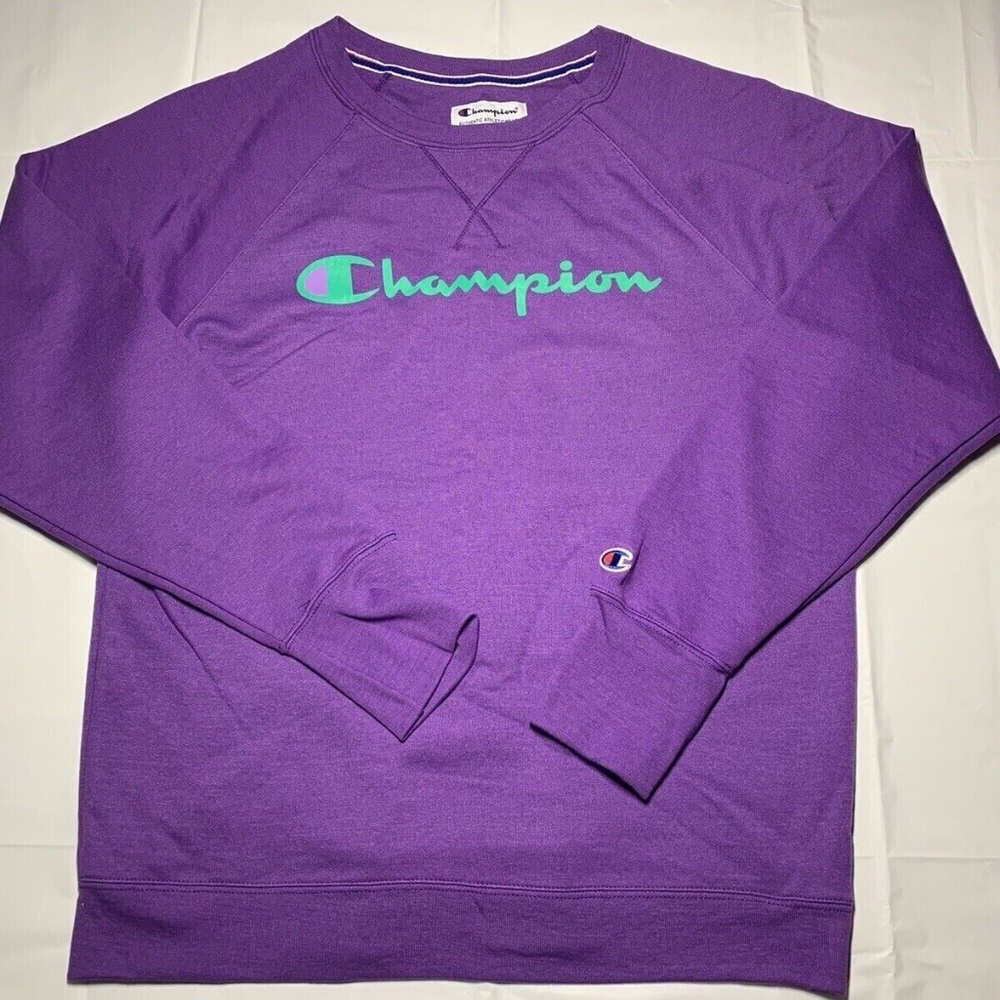 Champion Purple Teal Logo Crew Neck Fleece Sweatshirt Shirt Womens Large